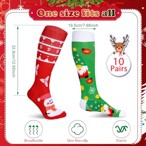 Suhine 10 Pairs Christmas Compression Socks - Long Knee High Holiday Socks for Women Men2