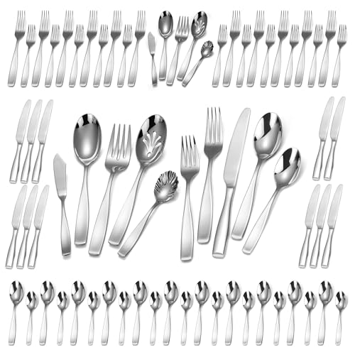 70-Piece 18/10 Stainless Steel Flatware Set for 12 with 2 Sets of Serving Utensil, Heavy Duty Silverware Set, High End Flatware, Dishwasher Safe, Ideal for Gift 70-Piece 18/10 Stainless Steel Flatware Set for 12 with 2 Sets of Serving Utensil, Heavy Duty Silverware Set, High End Flatware, Dishwasher Safe, Ideal for Gift