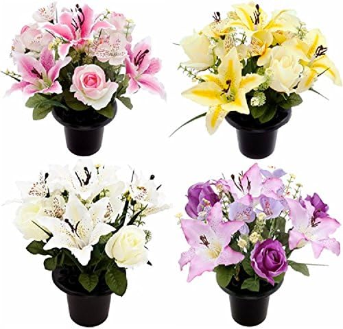 FLORIST SUPPLIESArtificial Grave Crem Pot Memorial Flower Arrangement Lily Rose 4 Colours (Cream)