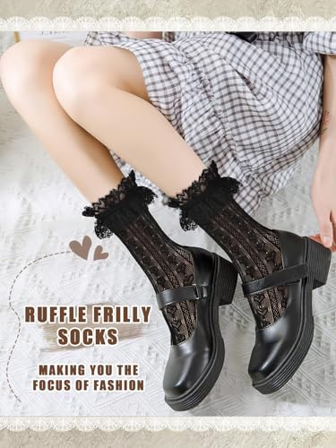 6 Pairs Womens Lace Ankle Socks Ruffle Frilly Sock Mesh Lace Trim Sock for Women Princess Accessories4