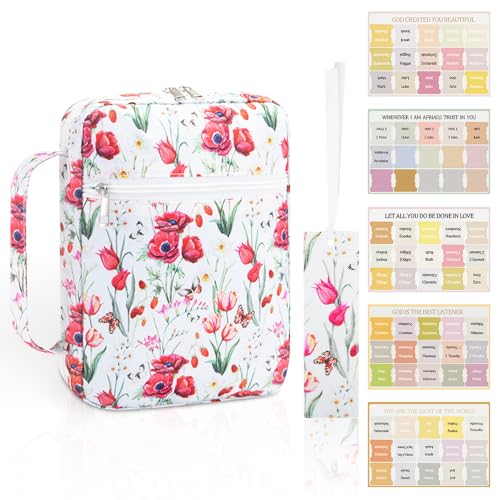 QZDAFFIC Bible Cover Bible Case with Bible Tabs, 10.5 Inch Large Bible Bag for Women Girls, Floral Pattern A5 Diary Cover Zipped Case for Bible Study Accessories (Red)