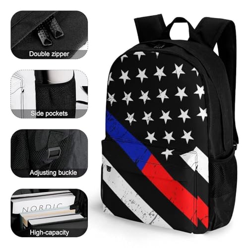 Supdreamc Men Women Polyester Thin Red Line And Blue Line American Flag Black Casual Daypack Large Capacity Carry On Bag With Adjustable Shoulder Straps for Camping Work Running3