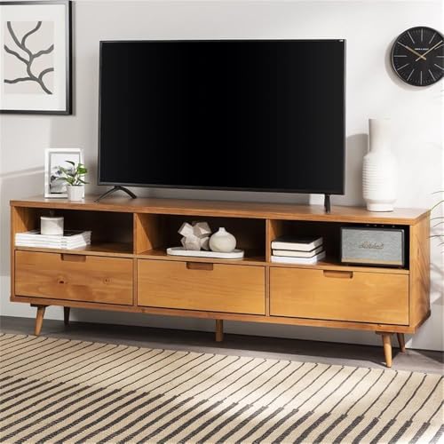 Walker Edison Millie Mid Century Modern 3 Drawer Solid Wood Low TV Stand for TVs up to 80 Inches 70 Inch Caramel by Walker Edison - Used condition - Image 6