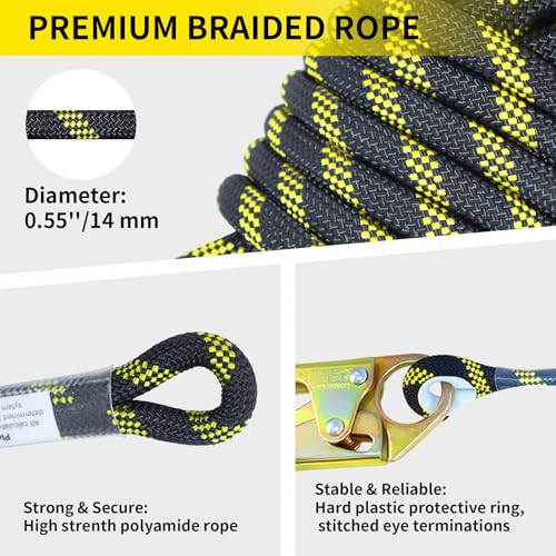 Image of 50FT Fall Protection Safety Rope, Heavy Duty Vertical Lifeline Assembly with Grab Snap Hooks Shock Absorber, Safety Lanyard for Roofing Tree Climbing Construction