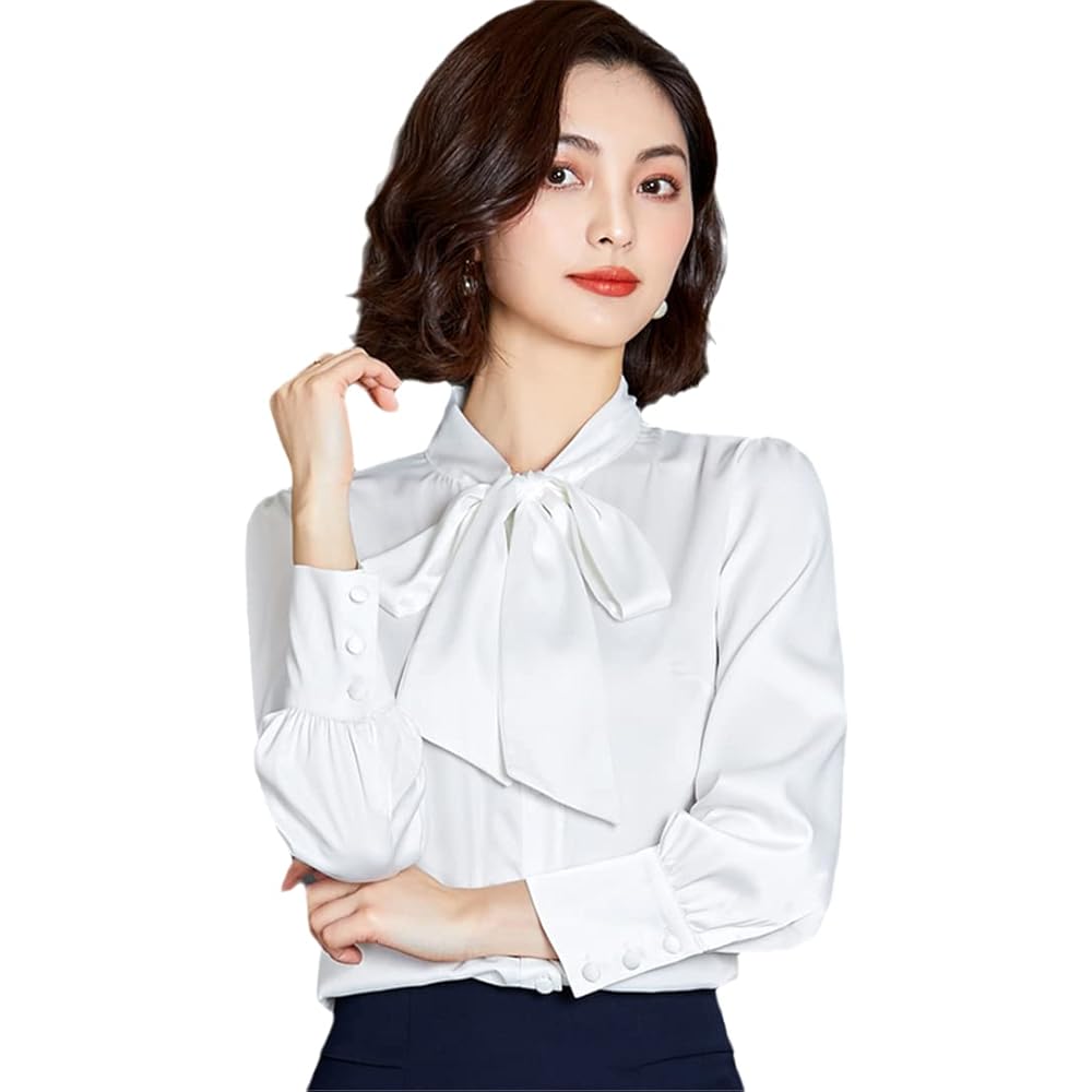 トップス loin. bowtie blouse cotton Real Silk Bow Tie Neck Blouse Women Autumn Long Sleeve