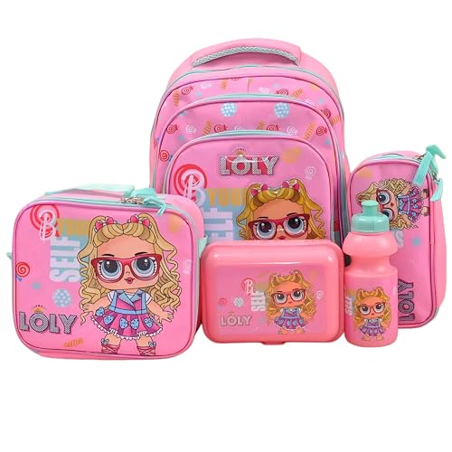 Image of School Bag Combo Set for Girls - 5 in 1 Back to School Hamper with Backpack, Lunch Bag, Tiffin Box, Water Bottle & Pencil Pouch - Complete School Essentials Gift Set for Kids (Loly-Pink)