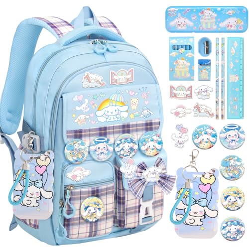 KIEAL 16.5/19IN School Backpack for Girls with 24Pcs Accessories, Anti-Theft Kids Backpack for Students, New Semester Presents with Pins and Card Holder