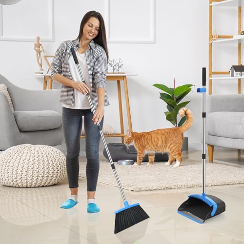 Image of NACENA Broom and Dustpan Set, 52-in Long Adjustable Handle Broom Dustpan Combo with Dustpan Teeth to Automatically Clean Hair Suitable for Home Kitchen Office Hall Floor(Black&Blue)