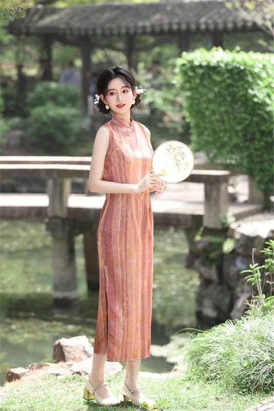 Abito Lungo Qipao Estivo Senza Maniche Aderente in Stile Cinese Cheongsam retrò per Banchetti di Nozze spettacoli e Serate di Gala