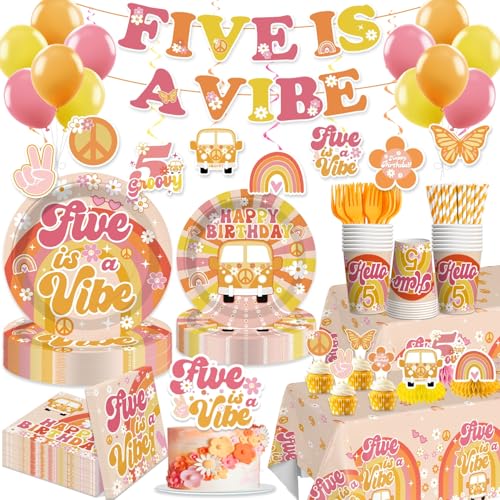 201pcs Five is a Vibe Birthday Party Decorations Tableware Set, 25pcs 5 is a Vibe Thick Plates Banner 2pcs Tablecloths and Cake Topper with Cupcake Toppers for 5th Birthday Decorations Girl, Serves 25