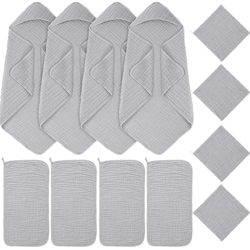 Image of Breling 12 Pcs Muslin Hooded Baby Bath Towel, Hand Towels and Washcloth Set, 36 inchx 36 inch Cotton Newborn Bath Towel Cotton Absorbent Blanket Unisex Newborn Gift Essentials for Girl Boy (Light Grey)