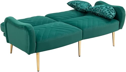 Miniatura 4 de Sofá cama futón de terciopelo de 65 pulgadas con 2 almohadas, sofá cama tapizado de mediados de siglo con respaldo ajustable y patas de metal