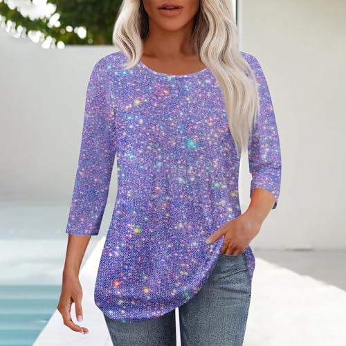 Womens Plus Size Tops 3/4 Sleeve Round Neck Casual Summer Tunic Fall Basic Tees Blouses Dressy Tshirt Pleated Shirts2