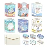 VYNZOR 12 Stück Lustige Osterkarten Set, Frohe Ostern Grußkarten mit Umschlägen und Aufklebern, Buntes Kartenset aus Hochwertigem Weißen Karton für Osterfeiern