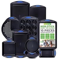 NutriChef 10-Piece Kitchen Oven Baking Pans - Deluxe Carbon Steel Bakeware Set with Stylish Non-Stick Blue Coating Inside&Out,Blue Silicone Handles Dishwasher Safe & PFOA, PFOS, PTFE Free (NCBK10S)