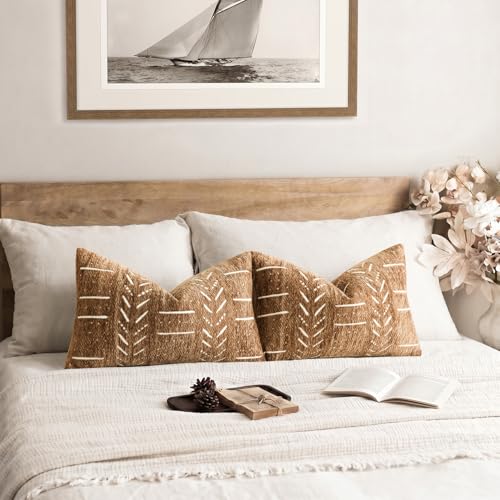 Image of Foindtower Set of 2 Decorative Chenille Jacquard Throw Pillow Covers Textured Farmhouse Lumbar Cushion Covers Neutral Boho Accent Home Decor for Sofa Chair Couch Bedroom Living Room,12x20 Inch,Bronze