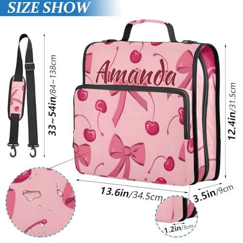 Image of Custom 3 Ring Zipper Binder Bow Cherry Pink Personalized Name 1.5 inch Binders Large Capacity Multi Pockets for School Office Supplies