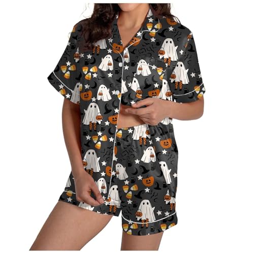 Halloween Pajamas Women 2025 Satin Silk Button Up Shirt And Shorts Pjs Sets 2 Piece Loungewear Sets Soft Sleepwear