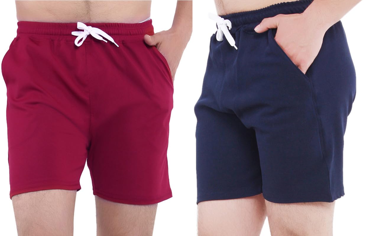 Men's Cotton Shorts Combo Lightweight Soft Fabric with Pockets Sports for Running Shorts Gym Shorts Half Pants Light Grey and Maroon (Pack of 2)-picture-23