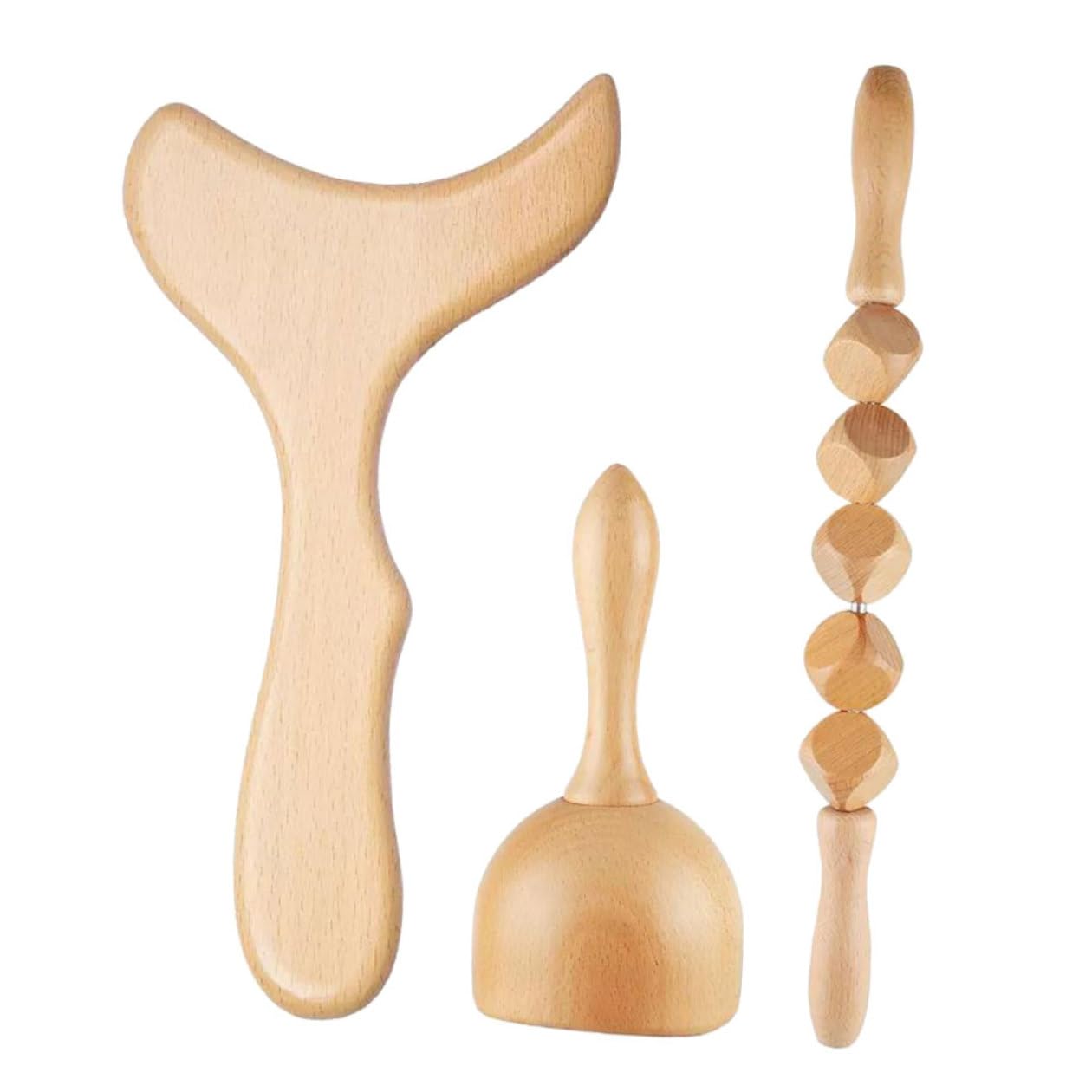 Set 1 di Massaggiatore Manuale in Legno Kaki, Bastone 3 Pezzi | Scraping Board, Massage Roller e Scraping Cup Inclusi, Design Unico, Leggero e Portatile per Adulti
