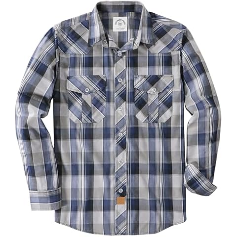 Dubinik® Pearl Snap Shirts for Men Long Sleeve Western Shirts for Men Vintage Casual Plaid Shirt Cowboy Shirts for Men Beige Blue Cover
