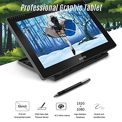 Aibecy BOSTO 16HD 15.6 Inch IPS Graphics Drawing Tablet Display Monitor 1920 1080 High Resolution 8192 Pressure Level with Rechargeable Stylus Pen/ 20pcs Pen Nips(Need to Connect to a Computer)