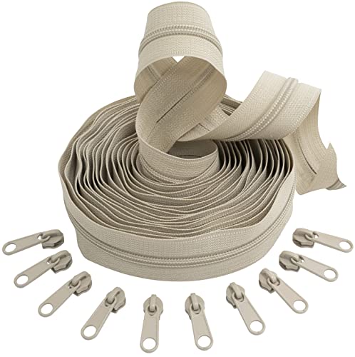 AERZETIX - C62774x5-C62863x10 - Kit de Fermeture éclair à glissière renforcée Spirale 5m N°5 18G/MB Couleur: Beige Clair + 10 curseurs N°5 Non...