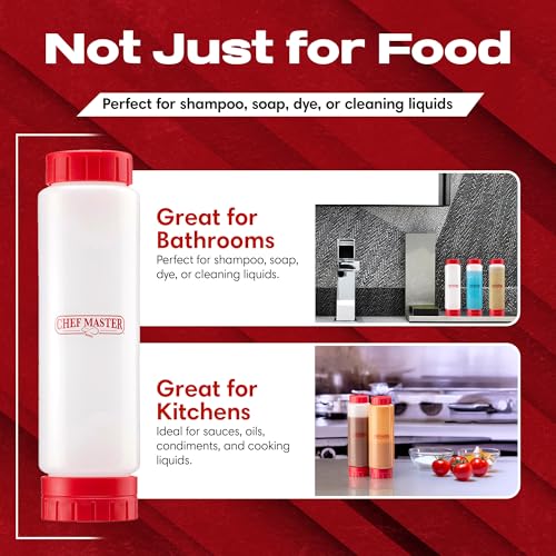 Chef Master 16 Oz. Squeeze Bottles for Sauces (6-Pack) - FIFO, Inverted - Condiment Squeeze Bottles for Liquids, Sauces, Batter & Dressing - Fill & Flip, Refillable - For Restaurants & Diners - 90290