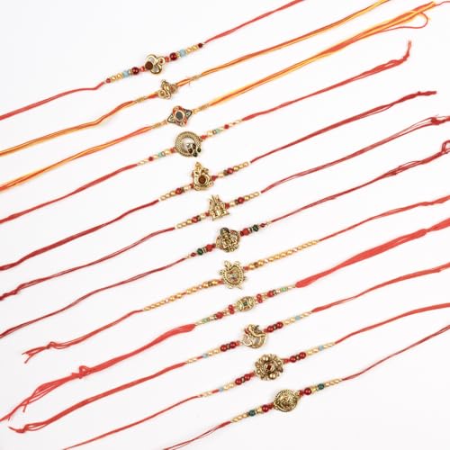 Image of Traditional Handmade Rakhi For Brothers | Designer Rudraksha, Pearl, & Beaded Wrist Bands| Thread Rakhi For Bhaiya, Bhabhi | Elegant Handcrafted Bracelet For Raksha Bandhan - Set Of 12