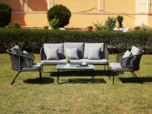 Image of DEVOKO Outdoor Patio Furniture Set, Rope Conversation Sofa Set with Glass Coffee Table, for Garden, Backyard,Terrace (Gray and Gray)