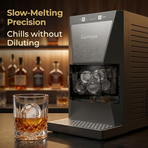 Image of Kenmore Clear Sphere Ice Ball Maker Countertop, 2-Inch Slow-Melting Ice Spheres for Whisky Cocktails, Maquina de Hielo Black