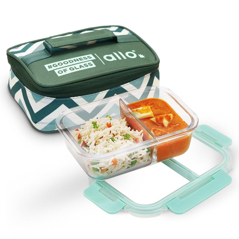 Allo FoodSafe - Lonchera de vidrio con compartimento para alimentos con cierre desmontable sin roturas, apto para horno y microondas, recipiente de vidrio de borosilicato con divisor de división,