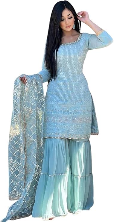 Image of Women's Designer Chinon Silk Sharara Suit Set, Sequence Embroidery Kurti with Tiered Sharara and Dupatta