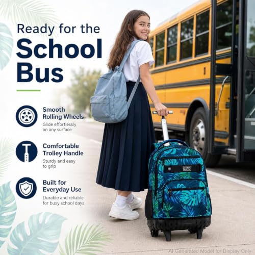Image of 3Pcs Rolling Backpack for Boys Men, Travel Roller Backpacks with Wheels for Adults, Teens College Leaf Wheeled Bookbag with Lunch Box(Green)