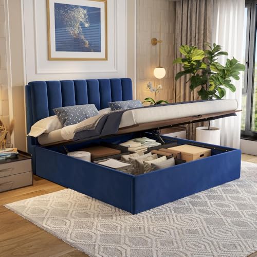 Image of Wakefit Bed | King (78 X 72) Solid Wood Bed, Upholstered, Hydraulic Storage, 3 Year Warranty - Antho - Velvet Blue