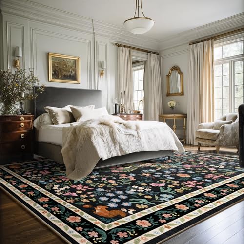 Image of Area Rug Vintage Floral Deer Pattern 9x12 - Bohemian Forest Animal Carpet with Squirrel & Butterfly, Soft Decorative Area Rug for Living Room Bedroom Home Decor