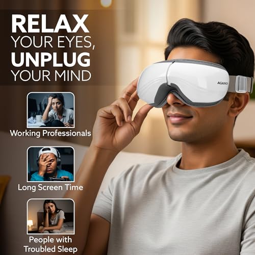 Image of AGARO Supreme Eye Massager with Lukewarm Heat, Relax, Reduce Eye Strain, Relief from Stress, Air Compression Massage, 180 Foldable, 5 Modes, Bluetooth Music, Improves Sleep