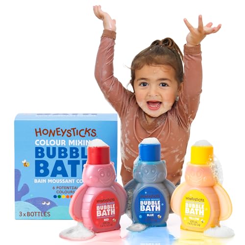 Honeysticks Burbujas de Bañera para Niños – Espuma de Baño a Base de Plantas – Bubble Bath que Cambia el Color del Agua y Crea Mucha Espuma – No Tóxica, No Irritante - 3 Uds - Azul, Amarillo, Rojo