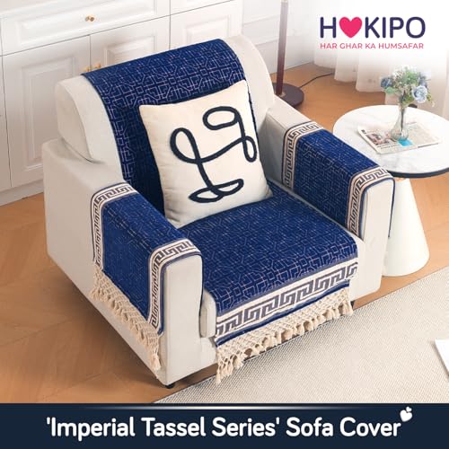 Image of HOKIPO 'Imperial Tassel Series' Premium Chenille Jacquard Sofa Cover Set for 1 Seater for Seat, Back & Arms with Tassels, Royal Blue (IN-1009 + IN-1012-I4*2)