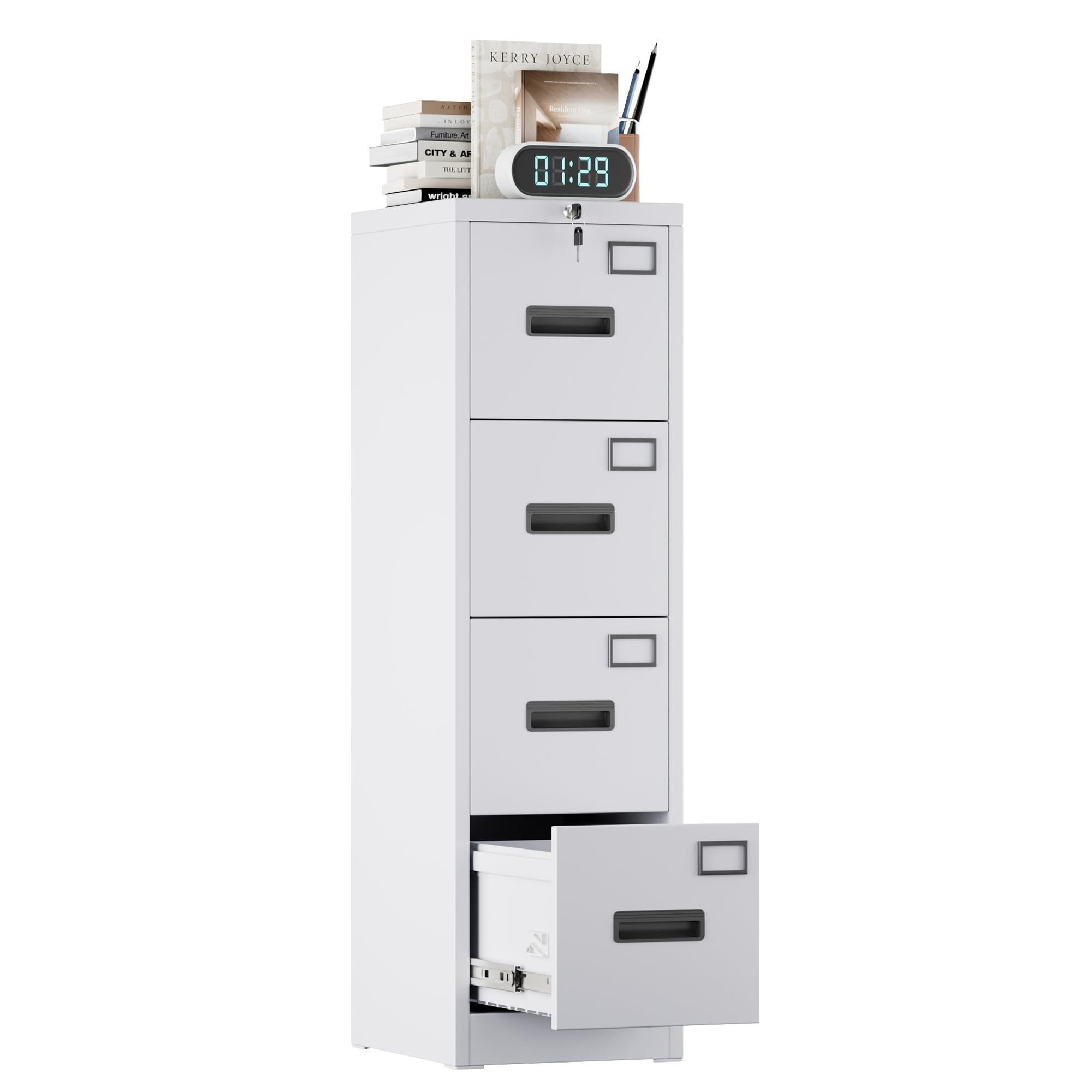 FlairVibe 4 Drawers Filing Cabinets Metal, Lockable Vertical File Cabinet for A4 Size, Anti-tipping File Drawer Storage Cabinets with Cue Card Slot for Home Office,White