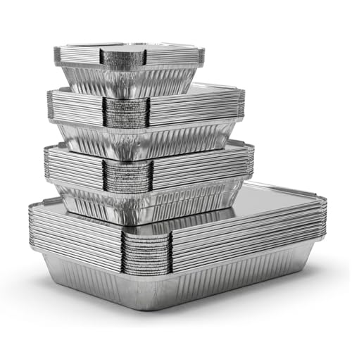 Xinfuquan 40 Piezas Bandejas para Hornear de Papel de Aluminio,2200ml/1000ml/800ml,410ml,Bandejas de Aluminio con Tapa para barbacoa para Asar,Horno y Congelador Cocinar Hornear Sartenes