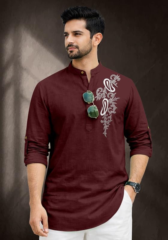Image of Cotton Blend Self Design Printed Casual Short Kurta for Men Long Sleeve Mandarin Collar Stylish Kurta Shirt for Men