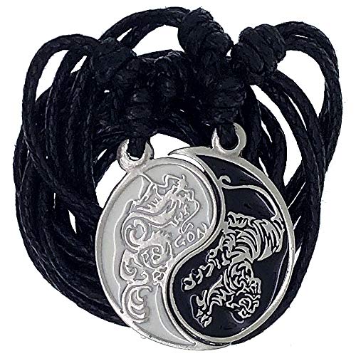 Dragon Tiger Split Yin Yang Shaolin Kung-Fu Wealth Money Lucky Charm Protection Amulet Talisman Unisex Men's Women's Friendship Couple Best friend Pewter Pendant necklace Choker Black adjustable cord