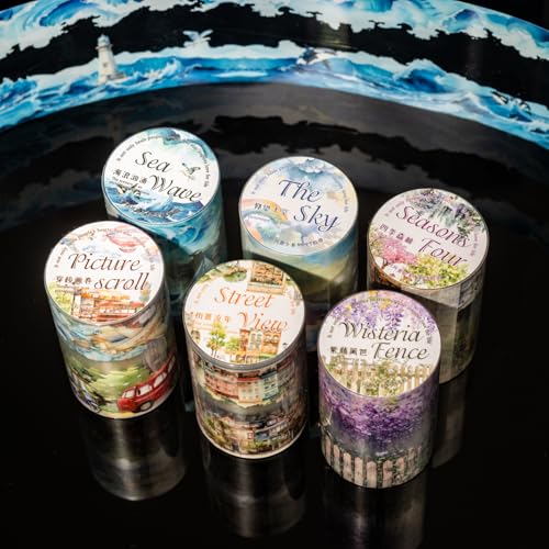 Alideco 6個 マスキングテープ かわいいロレトロストリートビューの雲 ヘッジズ 透明な耐水性 インク PET 粘着 テープ 広幅 DIY おしゃれ マステ シール (pingxingdefengjing)