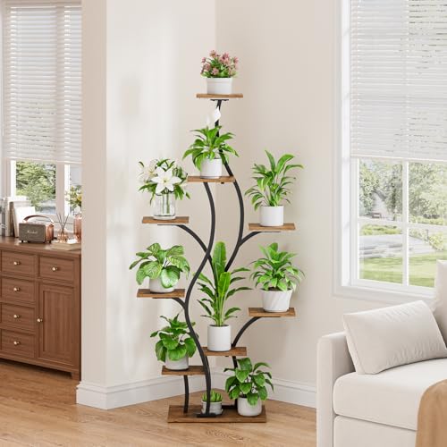 Image of Plant Stand Indoor with Grow Lights - Lighted Plant Shelf Indoor, 64.5 inch Tall Corner Plant Stands for Indoor Plants, 9 Tiered Tree-Shaped Flower Shelf Metal Holder for Living Room, Bedroom, Black