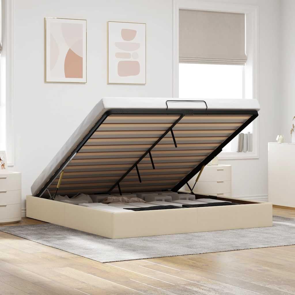 Cama Canapé 180 x 200 cm, Cama Tapizada 1180 x 200 cm, con Espacio de Almacenamiento, Cama de Matrimonio, Cama de Almacenamiento Crema