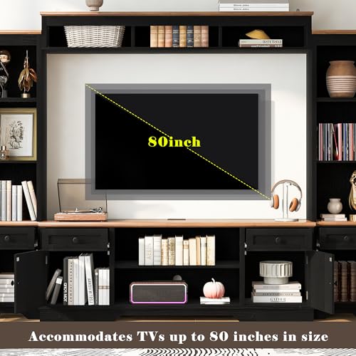 Image of 98.8 inch W Wall Unit Entertainment Center with Bookshelves and Power Outlets for TVs up to 80 inch, Wood TV Stand Media Console with Cabinets Drawers Doors and Adjustable Shelves for Living Room Black+Brown