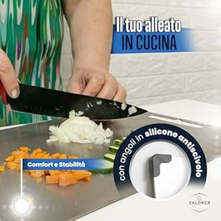 EKLOVER Tagliere in Acciaio Inox 316 30×20 cm – Double Face con Innovativa Finitura “Grano di Riso”, Gocciolatoio e Angoli Antiscivolo – Incl. Affilacoltelli, Panno, Box Premium e App 50 Ricette