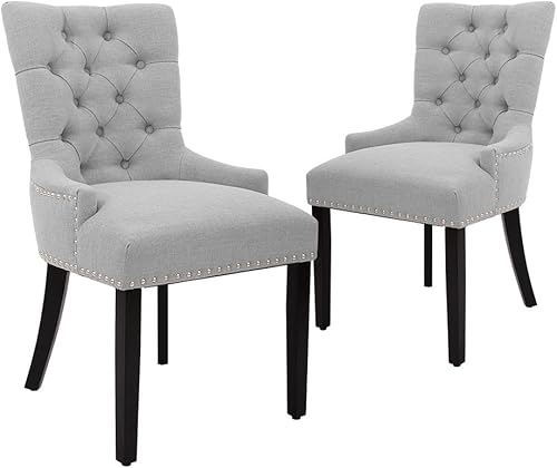 Miniatura 10 de CangLong Juego de 2 sillas modernas y elegantes tapizadas con botones y ribete de cabeza de clavo, para dormitorio, comedor, color azul Azul,beige