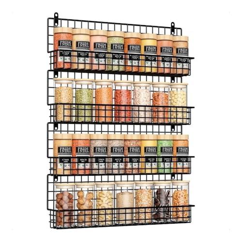 BUFANJIA Paquete de 4 estantes de especias para montaje en pared, organizador de condimentos conectable mejorado para ahorrar espacio, almacenamiento de especias para armario y despensa